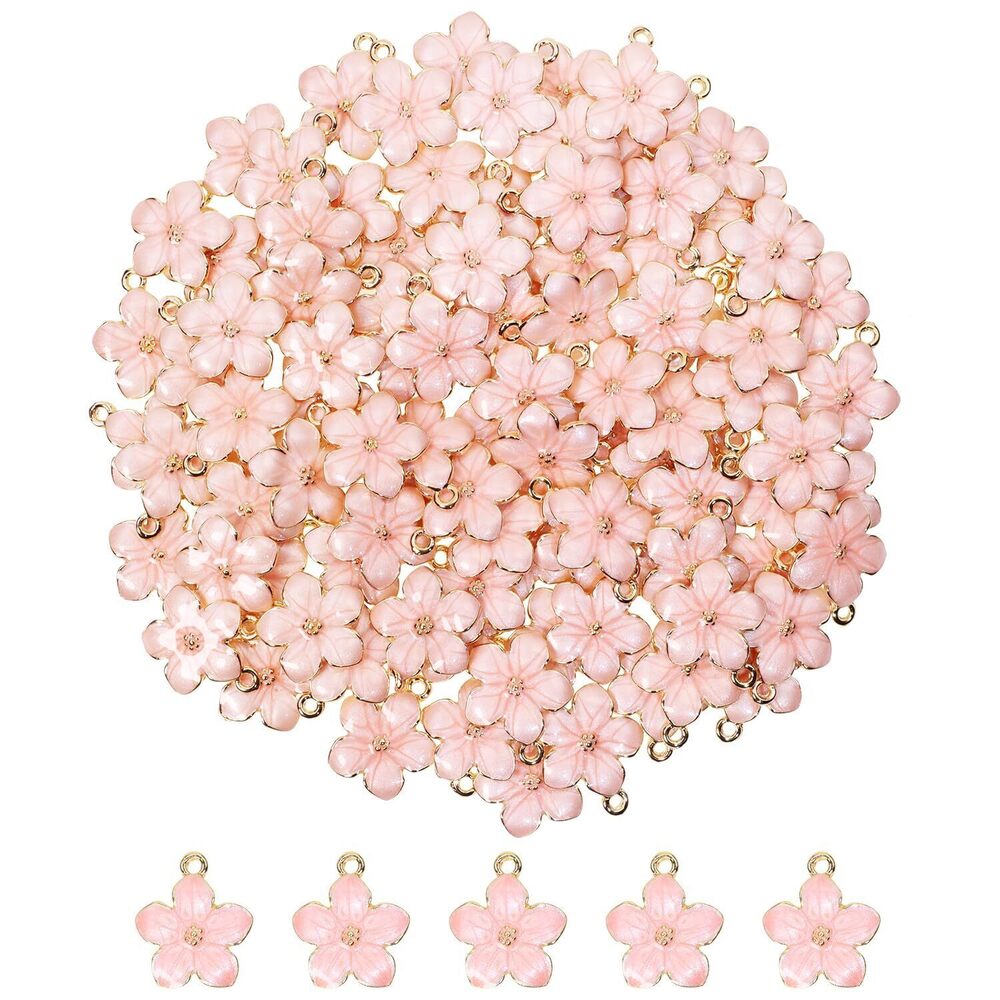 8442 100PCS Small Flower Enamel Charms Cherry Blossom Decor Gold Plated